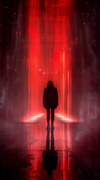 A person standing in a dark room with red lights