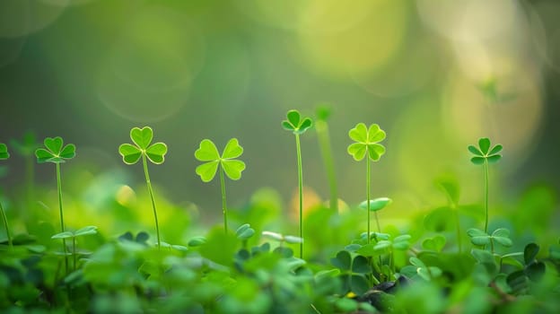 Fine green clovers growing out of the ground on a bright green background with great bokeh effect. Green four-leaf clover symbol of St. Patrick's Day. Happy time of celebration in green color.