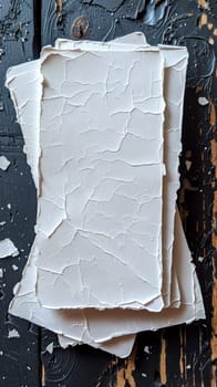 A stack of white pieces of paper on a black surface