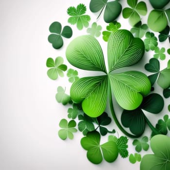 White background, decorated, green earrings, spaces for your own content. Green four-leaf clover symbol of St. Patrick's Day. Happy time of celebration in green color.