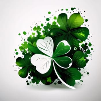 Abstract concept green and white clover leaves on light background. Green four-leaf clover symbol of St. Patrick's Day. Happy time of celebration in green color.
