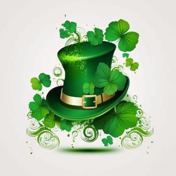 Green cylinder hat with green leaves on white isolated background. Green four-leaf clover symbol of St. Patrick's Day. Happy time of celebration in green color.