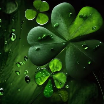 Illustration of green clovers with dewdrops, rain. Green four-leaf clover symbol of St. Patrick's Day. Happy time of celebration in green color.