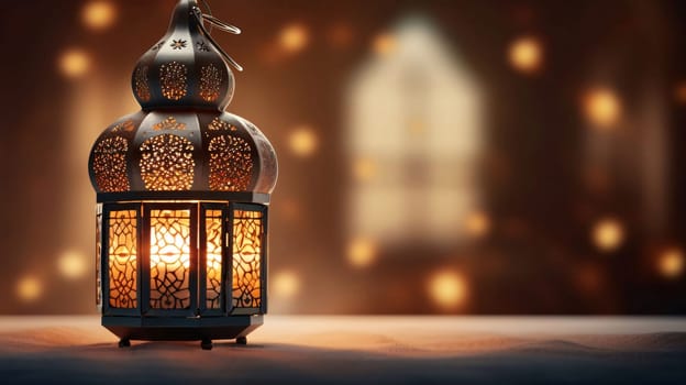 Burning gold decorated lantern on blurred background with bokeh effect. Lantern as a symbol of Ramadan for Muslims, banner with space for your own content. Blank field for the inscription.