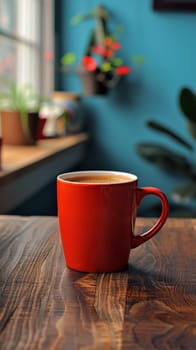 A red coffee cup sitting on a wooden table next to plants