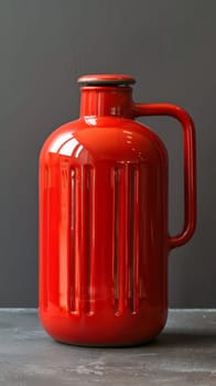 A red jug sitting on a table with gray background