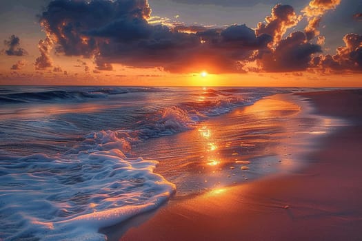 Amazing view of the sunset over the sea with waves and white sand on the beach.