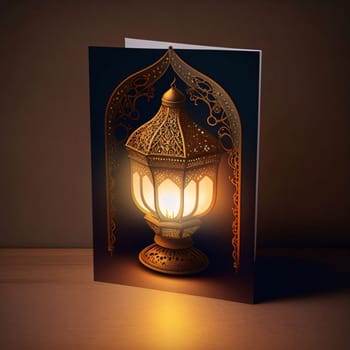 Card with an image of a burning golden decorated lantern on a dark background. Lantern as a symbol of Ramadan for Muslims. A time to meet with God.