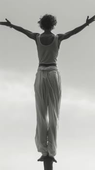 A woman standing on a pole with her arms outstretched