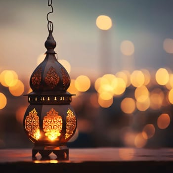 Burning gold decorated lantern on blurred background with bokeh effect. Lantern as a symbol of Ramadan for Muslims, banner with space for your own content. Blank field for the inscription.