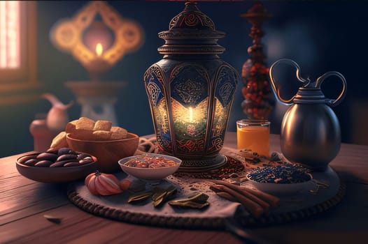 Kettle lantern and food on a wooden table top in the room. Lantern as a symbol of Ramadan for Muslims. A time to meet with God.