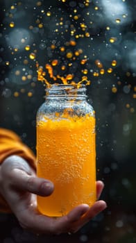A person holding a jar of orange juice with bubbles coming out