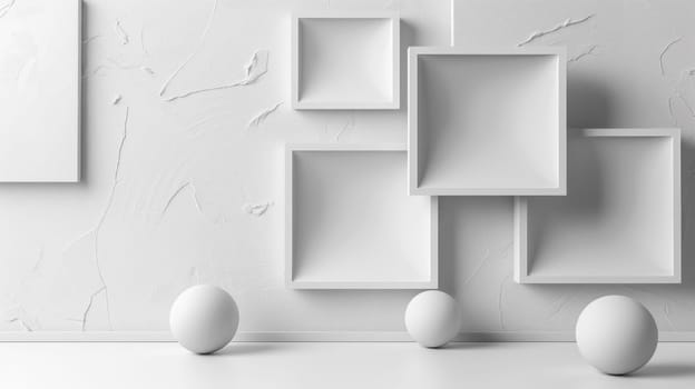 A white wall with a bunch of empty frames and some eggs