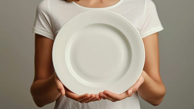 A woman holding a white plate in her hands