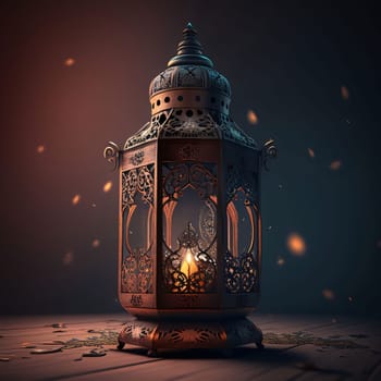 Gold decorated lantern with burning candle on wooden floor dark background. Lantern as a symbol of Ramadan for Muslims. A time to meet with God.