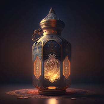 Gold decorated lantern with burning candle on wooden floor dark background. Lantern as a symbol of Ramadan for Muslims. A time to meet with God.