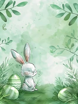 A cartoon rabbit is sitting in the grass surrounded by Easter eggs, the scene looks like it was taken from a painting of nature