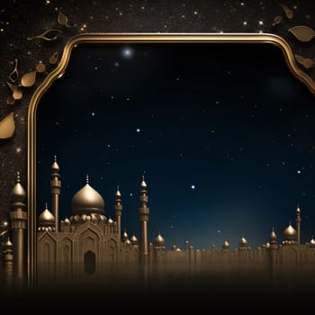 Gold frame with an image, silhouette of a golden mosque against a night sky background, empty field with space for your own content. Lantern as a symbol of Ramadan for Muslims. A time to meet with God.