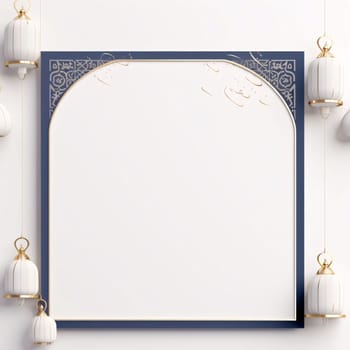 Frame with a white blank field in the middle for your own content around hanging white and gold lanterns. Lantern as a symbol of Ramadan for Muslims. A time to meet with God.
