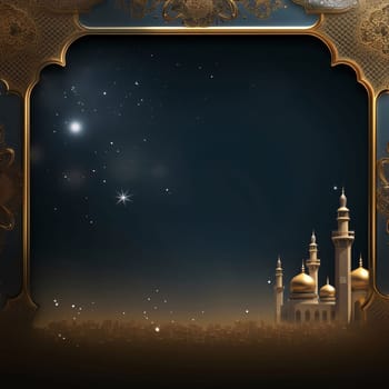 Gold frame with an image, silhouette of a golden mosque against a night sky background, empty field with space for your own content. Lantern as a symbol of Ramadan for Muslims. A time to meet with God.