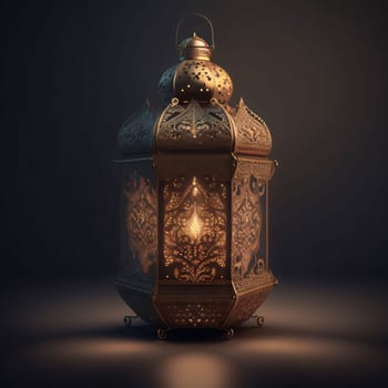 Gold decorated lantern burning on a dark background. Lantern as a symbol of Ramadan for Muslims. A time to meet with God.