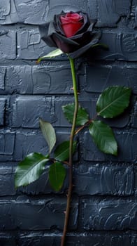A single rose with a stem and leaves on the wall