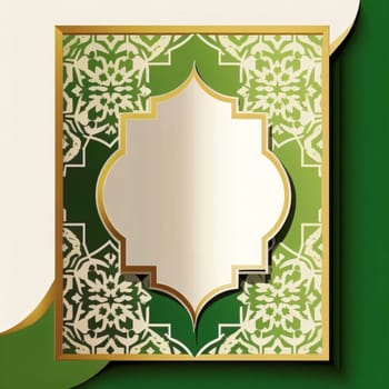 Green decorated card with space for your own content, white blank in the middle. Lantern as a symbol of Ramadan for Muslims. A time to meet with God.