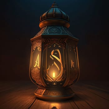 Illustration of decorated burning lantern on dark background, wooden floor. Lantern as a symbol of Ramadan for Muslims. A time to meet with God.