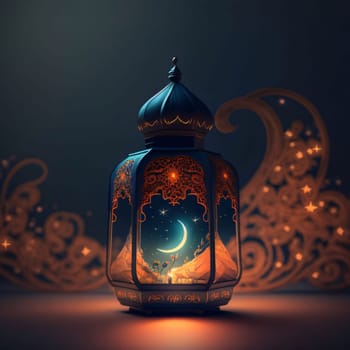 Burning lantern decorated with a crescent moon on a dark background with stars. Lantern as a symbol of Ramadan for Muslims. A time to meet with God.