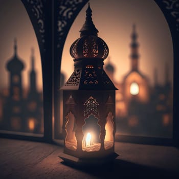 Burning decorated lantern on smudged mosque targets. Lantern as a symbol of Ramadan for Muslims. A time to meet with God.