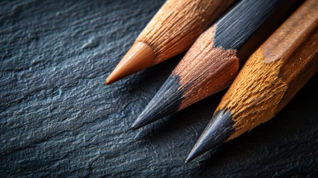 Three pencils are lined up on a table with one being longer than the other two