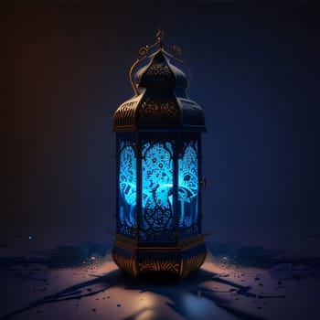 Decorated burning lantern on a dark background. Blue glow. Lantern as a symbol of Ramadan for Muslims. A time to meet with God.