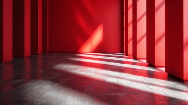 A red room with a lot of windows and some shadows