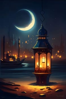 Burning lantern at night with many candles in the background ships, crescent illustration. Lantern as a symbol of Ramadan for Muslims. A time to meet with God.