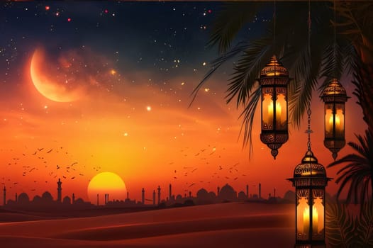 Hanging on Palm burning golden Lanterns in the back sunset, silhouettes of mosques. Banner with space for your own content. Blank field for the inscription.