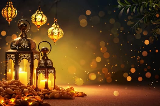 Hanging and standing Lanterns with candles, nuts, food in the background, gold dust, bokeh effect. Banner with space for your own content. Blank field for the inscription.
