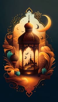 Illustration of a golden lantern Crescent decoration, dark background. Lantern as a symbol of Ramadan for Muslims. A time to meet with God.