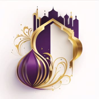 White background and abstract gold purple silhouette decoration of the building. Lantern as a symbol of Ramadan for Muslims. A time to meet with God.