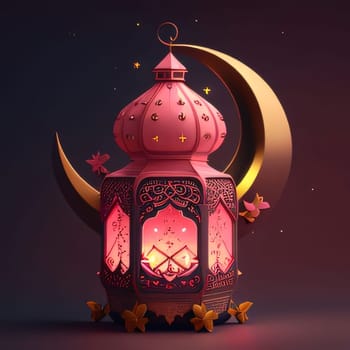 Pink lantern in the background golden Crescent, dark background. Lantern as a symbol of Ramadan for Muslims. A time to meet with God.