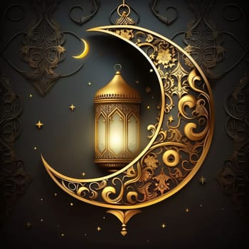 Gold lantern and decorated gold crescent moon on a dark star background. Lantern as a symbol of Ramadan for Muslims. A time to meet with God.