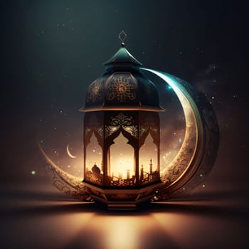 A glowing lantern and a crescent moon entering it. Lantern as a symbol of Ramadan for Muslims. A time to meet with God.