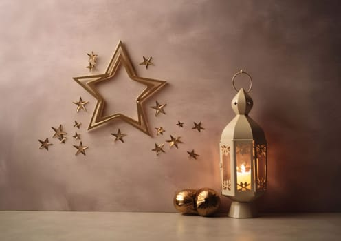 Stars on the wall and standing white lantern with candle gold baubles, banner space for your own content. Lantern as a symbol of Ramadan for Muslims. A time to meet with God.