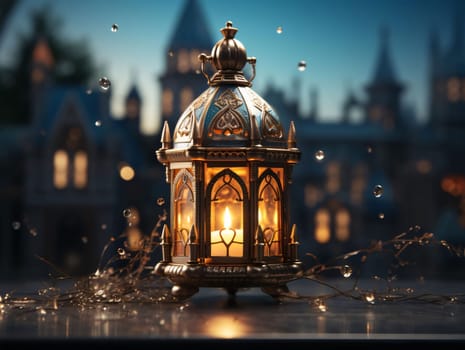 Standing, smoking decorated gold elegantly lantern with candle falling rain, smudged building in the background. Lantern as a symbol of Ramadan for Muslims. A time to meet with God.