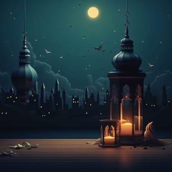 Lanterns with candles on wood in the background silhouettes of houses at night. Lantern as a symbol of Ramadan for Muslims. A time to meet with God.