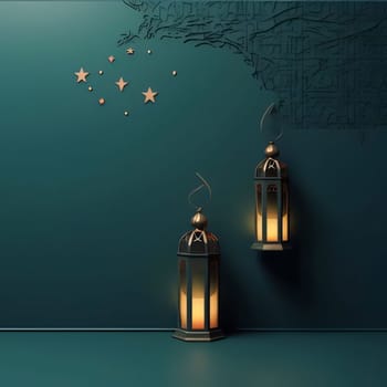 Hanging on a dark wall burning Lanterns, golden stars. Lantern as a symbol of Ramadan for Muslims. A time to meet with God.