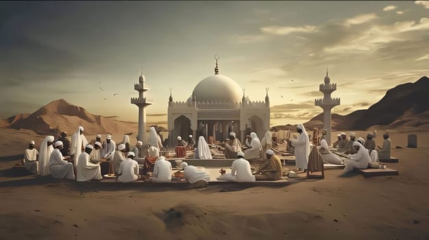 Mosque building and people gathered for prayer opposite, desert sunset. Mosque as a place of prayer for Muslims. A time to meet with Allah.