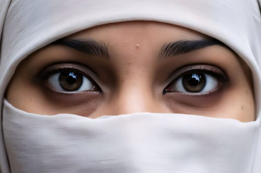 The eyes of a woman in a white niqab. Ramadan as a time of fasting and prayer for Muslims. A time to meet with Allah.