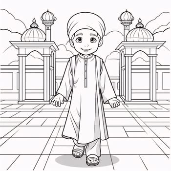 Black and white coloring sheet, a young boy walking against a background of tall towers. Ramadan as a time of fasting and prayer for Muslims. A time to meet with Allah.