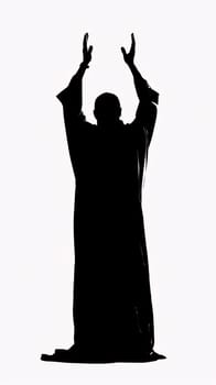 Black and white silhouette of a man with his hands raised towards the top of a white, solid background. Ramadan as a time of fasting and prayer for Muslims. A time to meet with Allah.