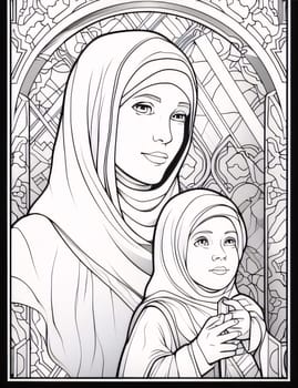 Black and White coloring page, mother and daughter in hijab. Ramadan as a time of fasting and prayer for Muslims. A time to meet with Allah.